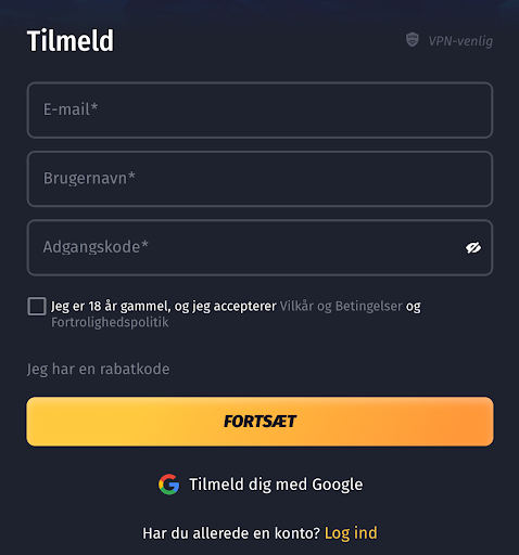 Registrering på kasinoet Winshark